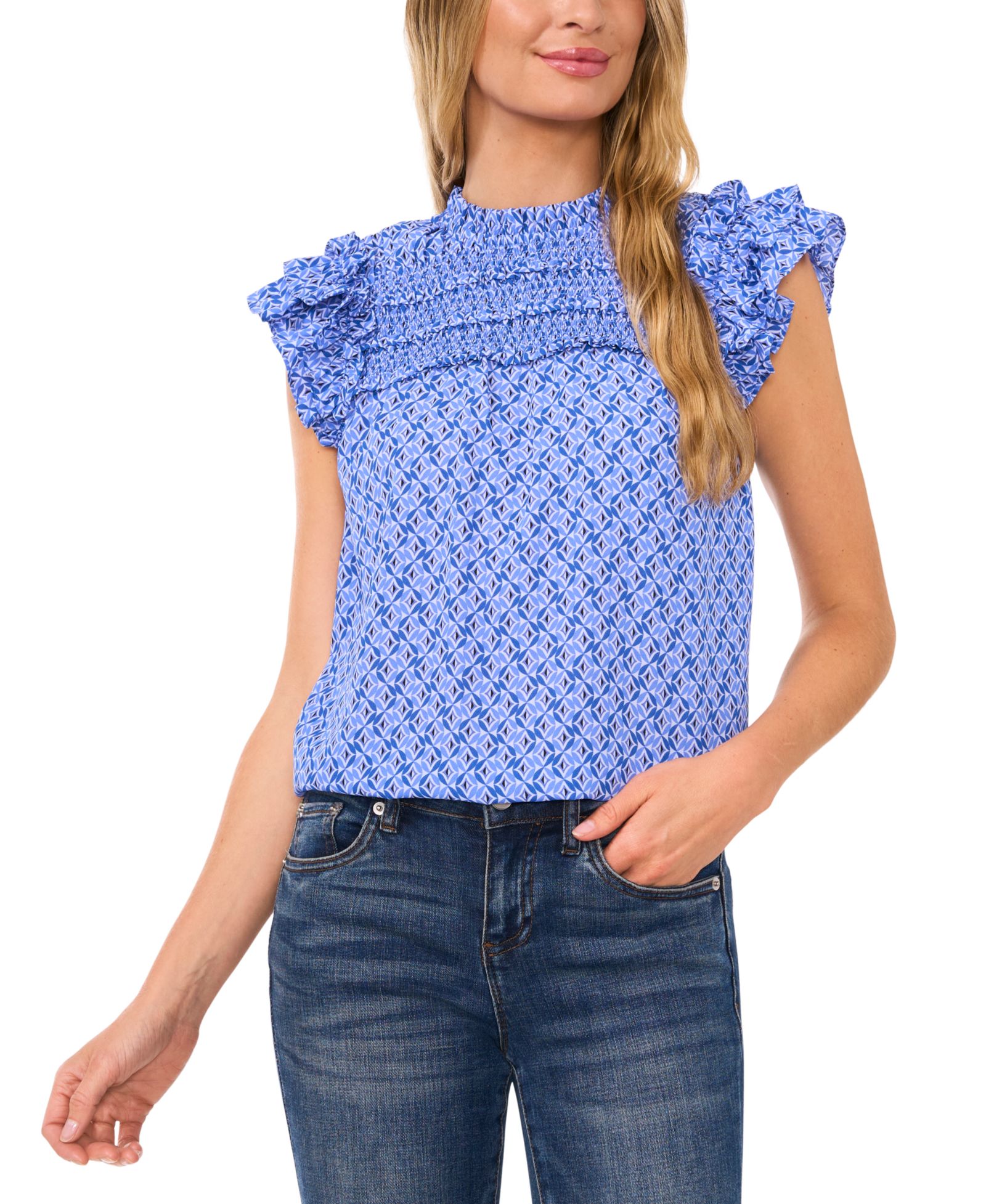 CeCe Women's Smocked Ruffle Yoke Blouse