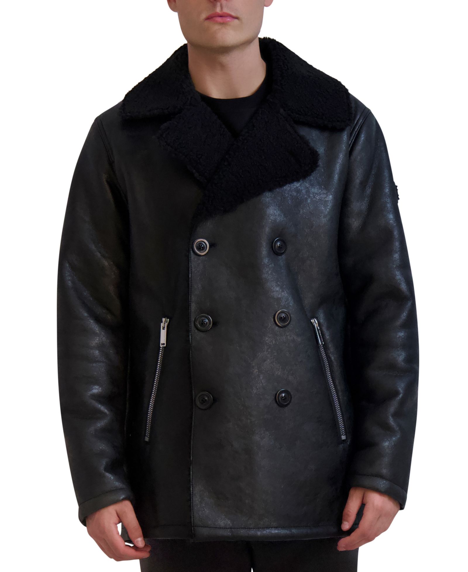 Karl Lagerfeld Paris Men's Faux-Shearling Double-Breasted Car Coat