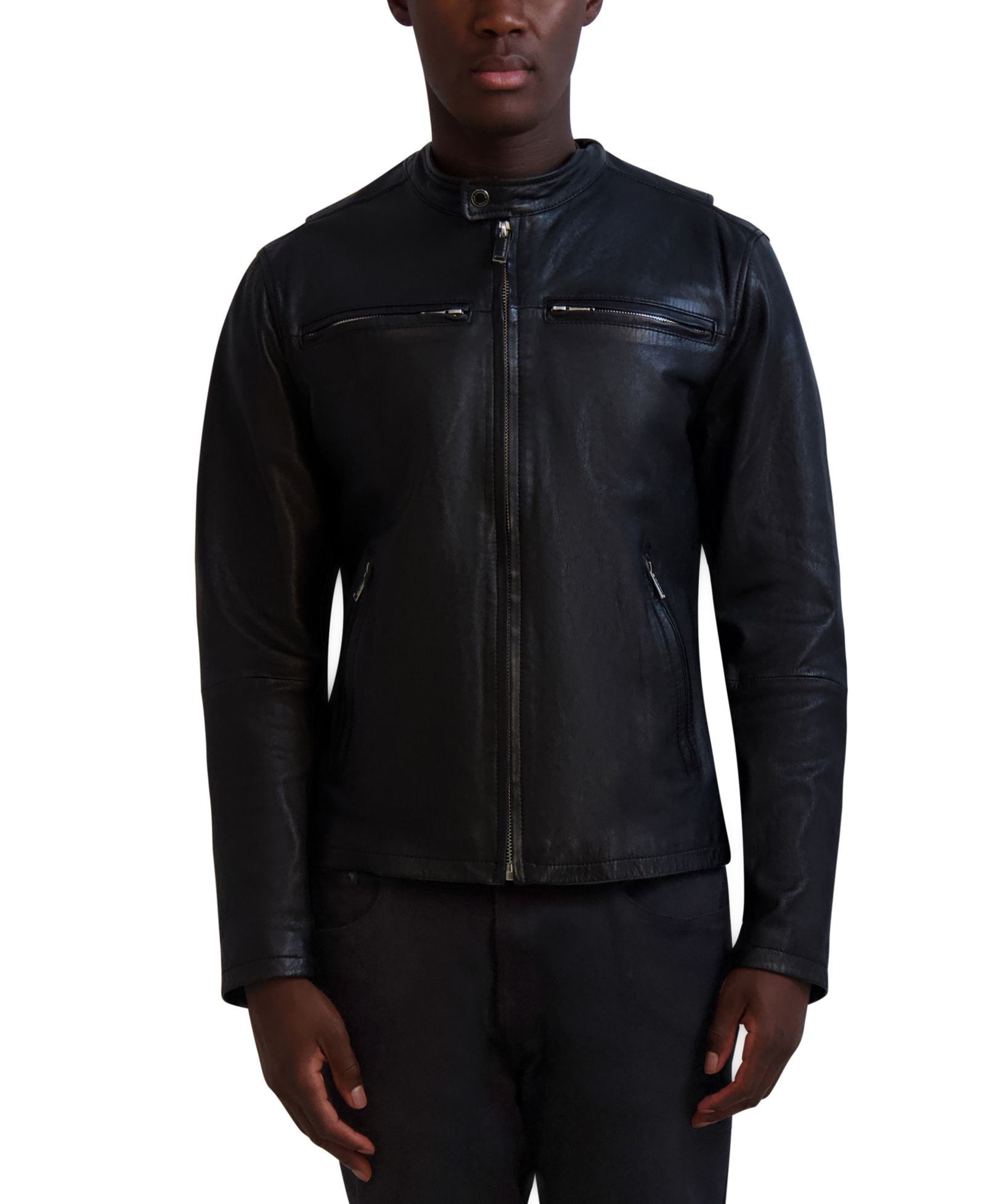 Karl Lagerfeld Paris Men's Band-Collar Distressed Leather Jacket