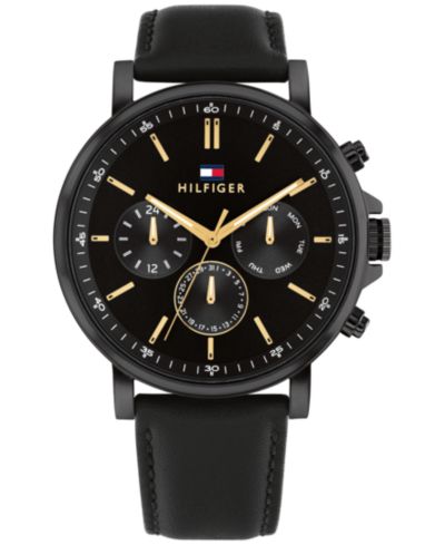 Мужские многофункциональные часы Tommy Hilfiger Black Leather 44mm