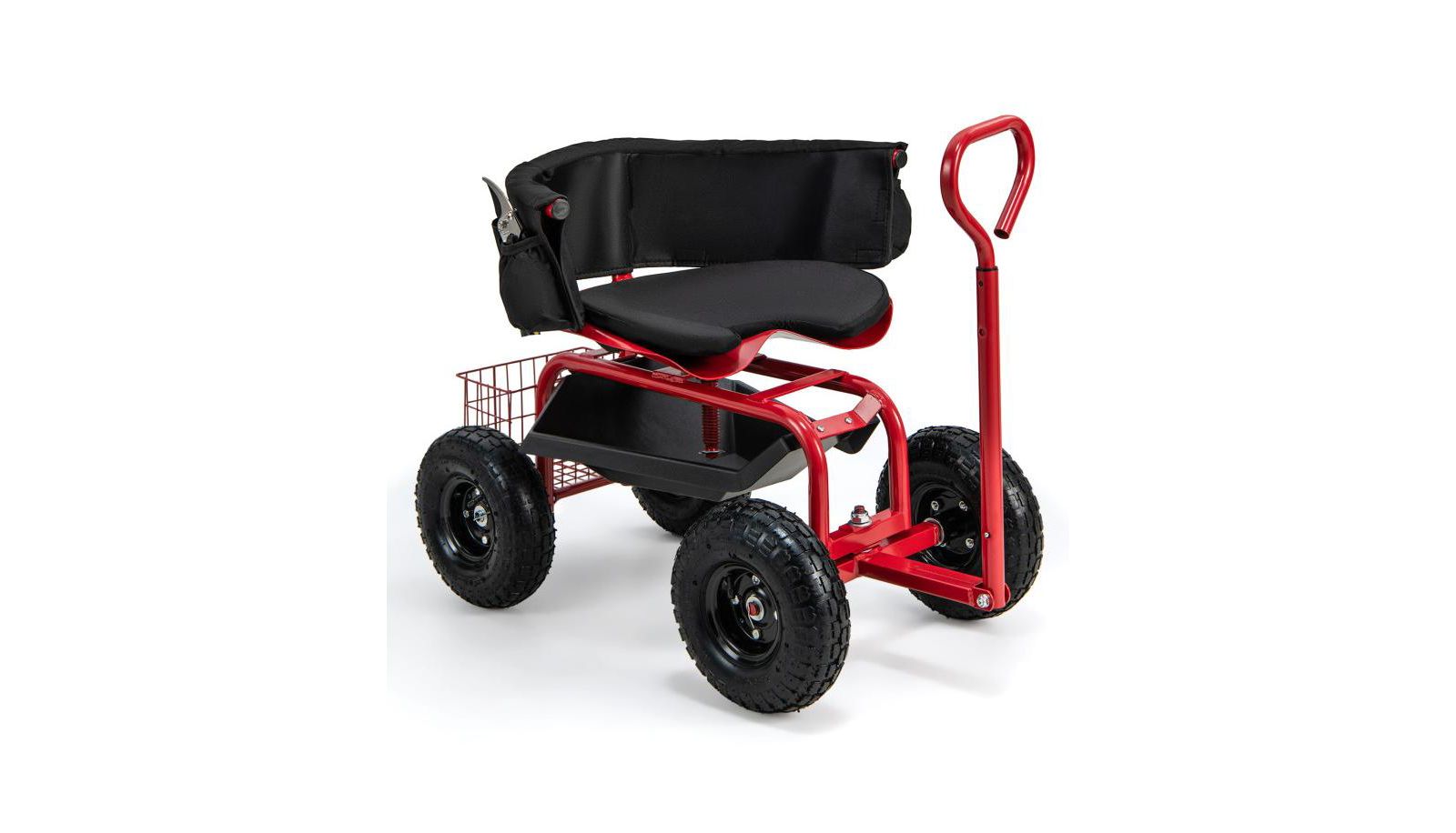 Cushioned Rolling Garden Cart Scooter with Storage Basket and Tool Pouch Comfortable and Convenient Outdoor Helper