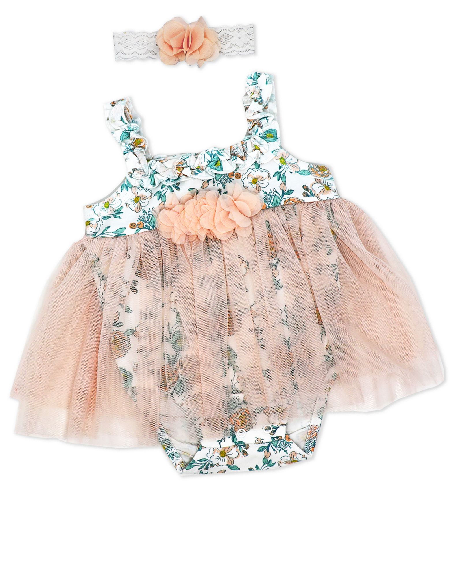 Ромпер для девочек Baby Mode Peach Floral с фатиновой юбкой и повязкой на голову