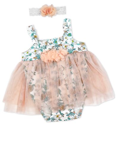 Ромпер для девочек Baby Mode Peach Floral с фатиновой юбкой и повязкой на голову