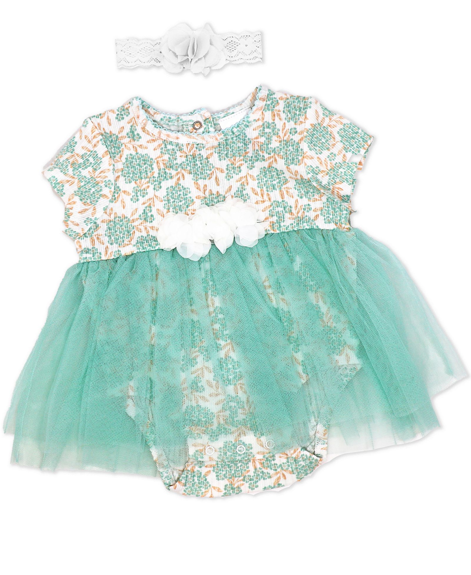 Детский комбинезон Baby Mode Aqua Floral с юбкой из тюля и повязкой на голову