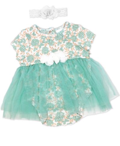 Детский комбинезон Baby Mode Aqua Floral с юбкой из тюля и повязкой на голову