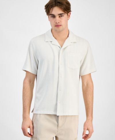 Sun + Stone Men's Textured Chevron Knit Short Sleeve Button-Front Camp Shirt, Created for Macy's