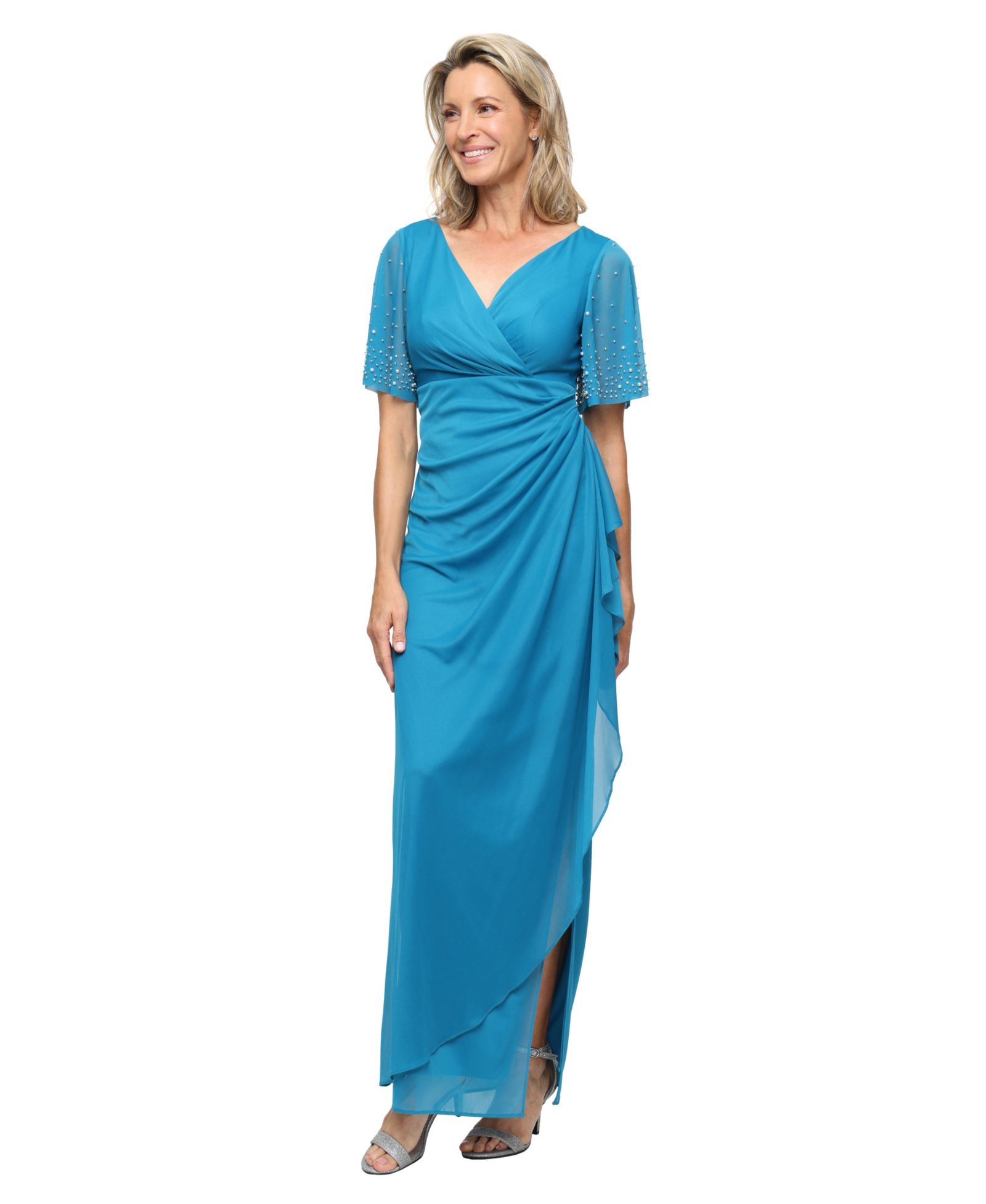 Alex Evenings Women's Embellished Flutter-Sleeve Long Dress