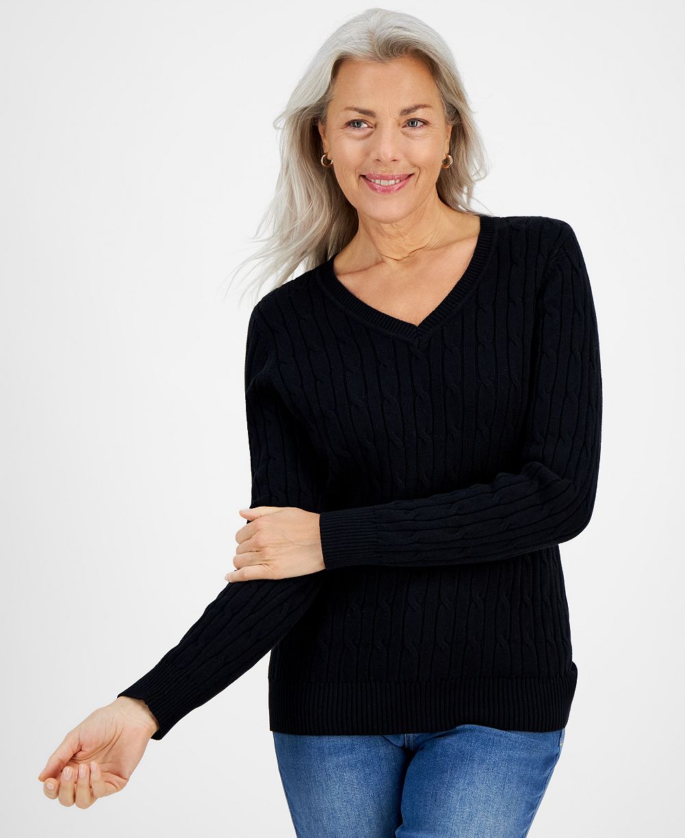 Style & Co Petite Cotton Cable-Knit V-Neck Sweater, Created for Macy's