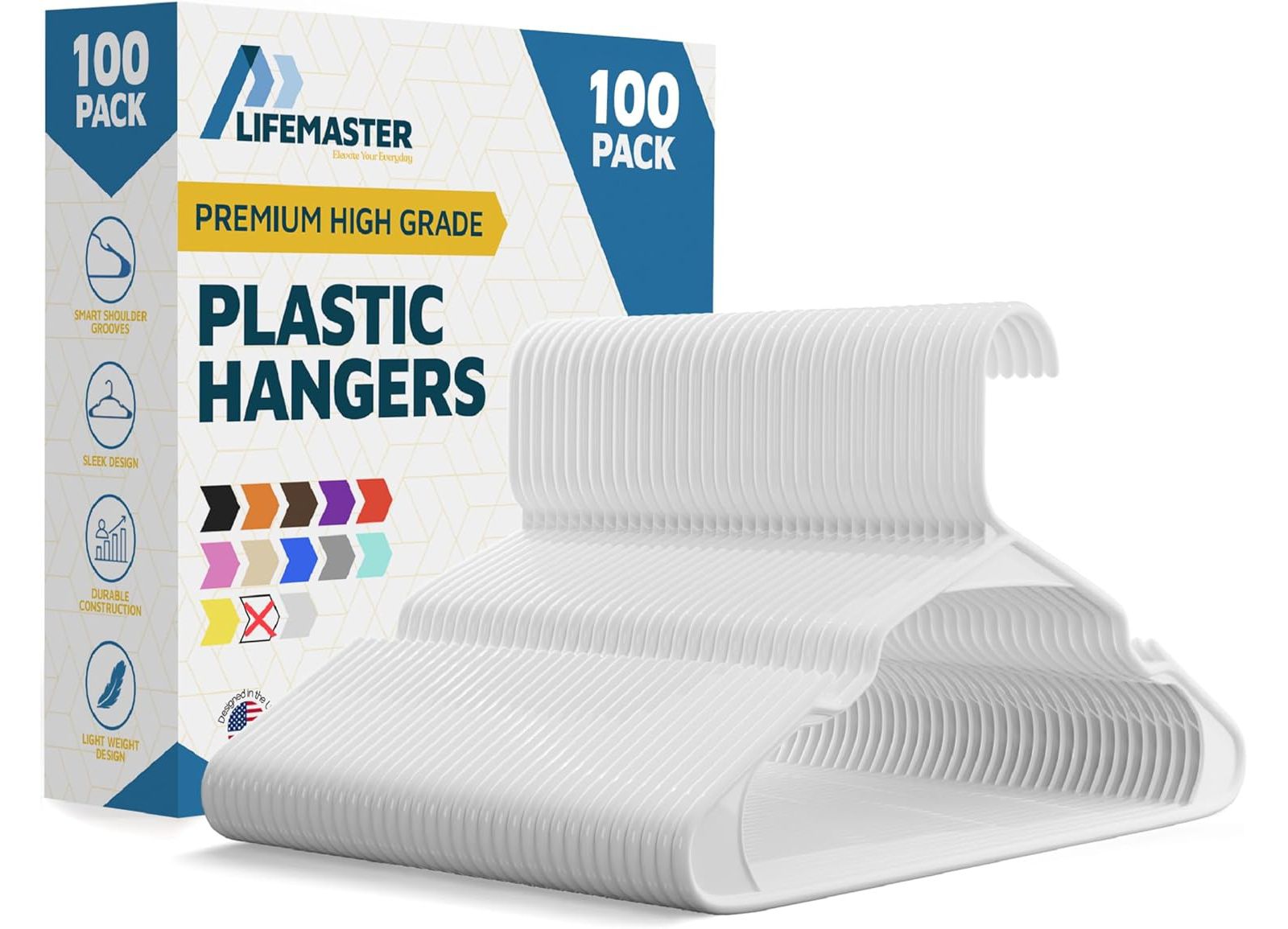 Lifemaster Plastic Clothes Hanger Set - 100 Pieces Versatile, Lightweight, Space-Saving, Non-Slip, Slim Designed, Dry
