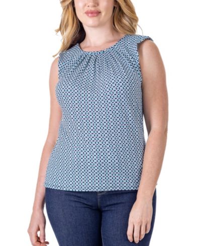 24seven Comfort Apparel Print Pleated Crew Neckline Back Closure Sleeveless Top