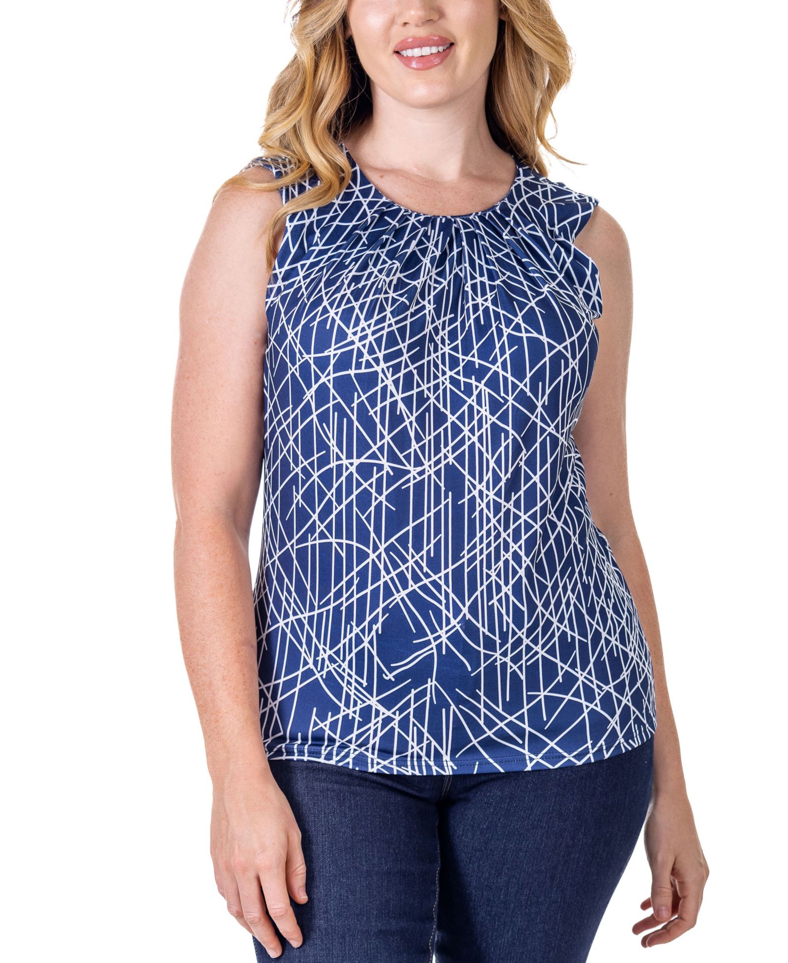 Женский топ 24seven Comfort Apparel Print Pleated Crew Neckline Back Closure Sleeveless Top