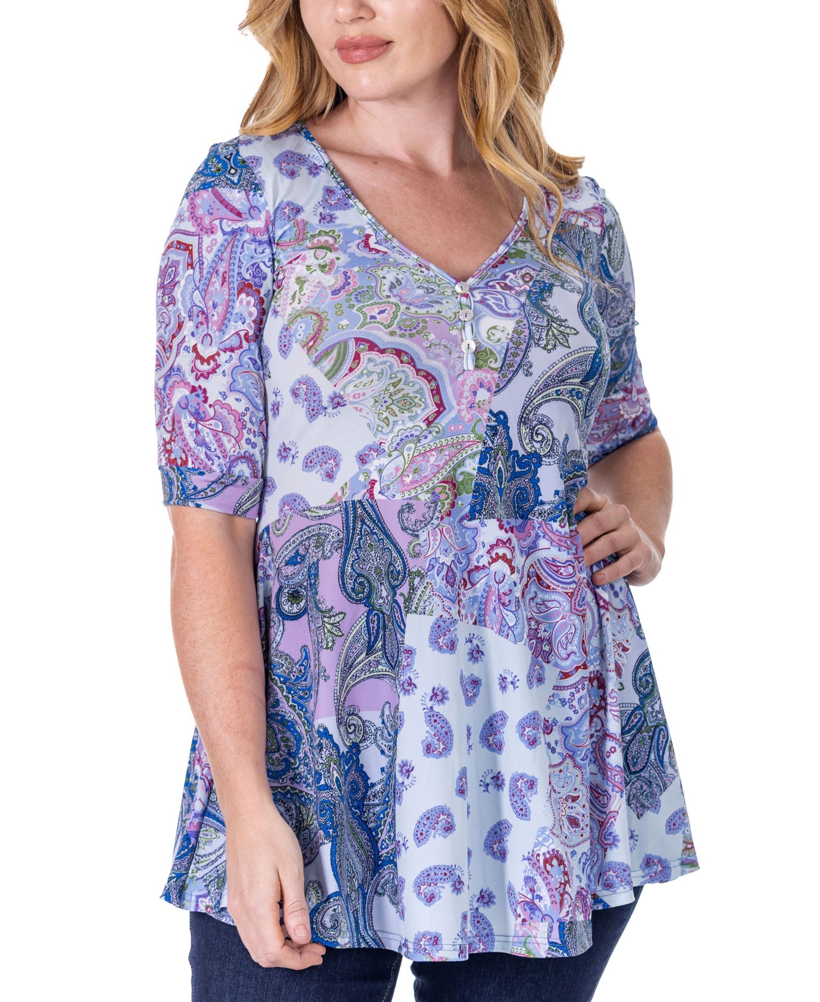 Топ 24seven Comfort Apparel Print Elbow Sleeve V Neck Henley Tunic