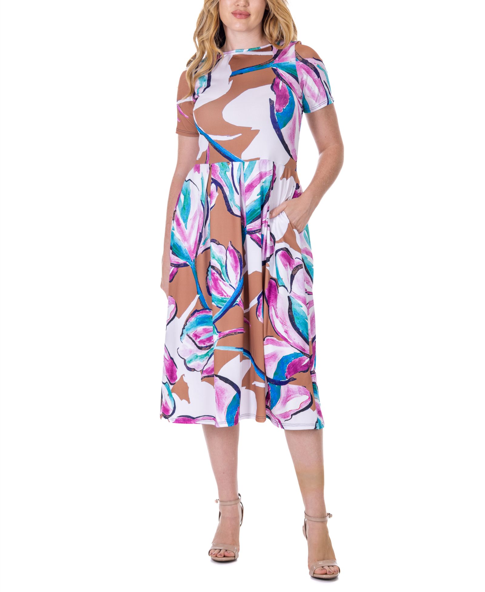 24seven Comfort Apparel Print Short Sleeve Pleated Flare Midi Pocket Dress