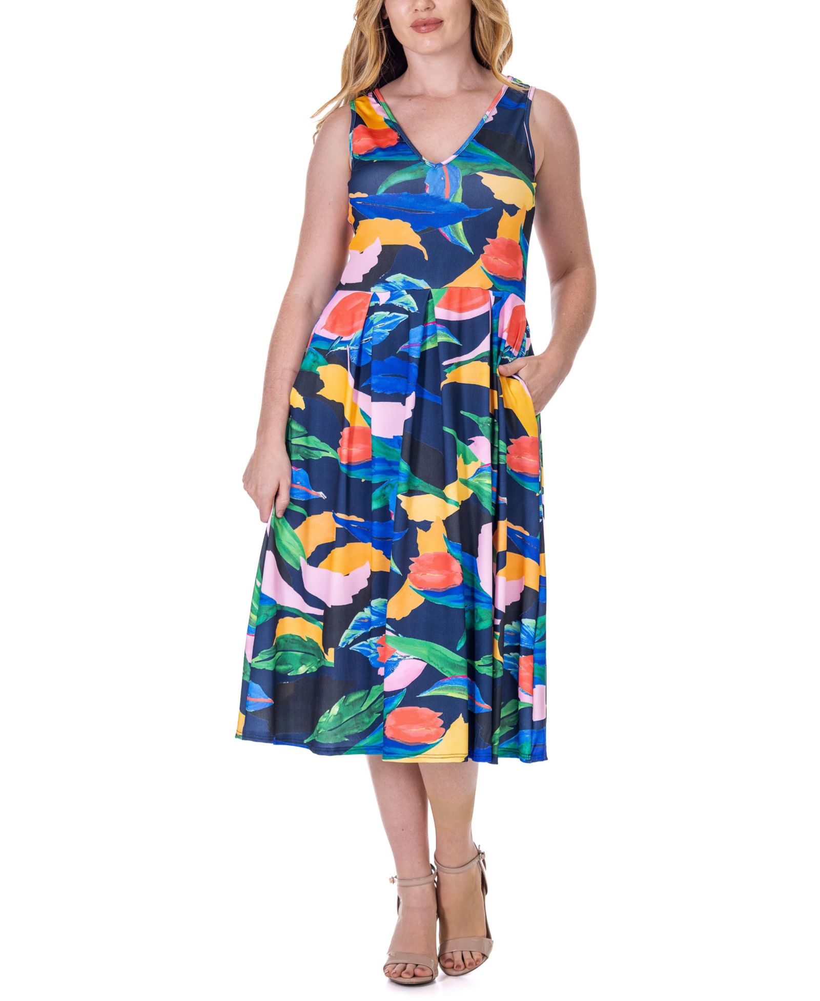 Платье 24seven Comfort Apparel Print Sleeveless Pleated Pocket Midi