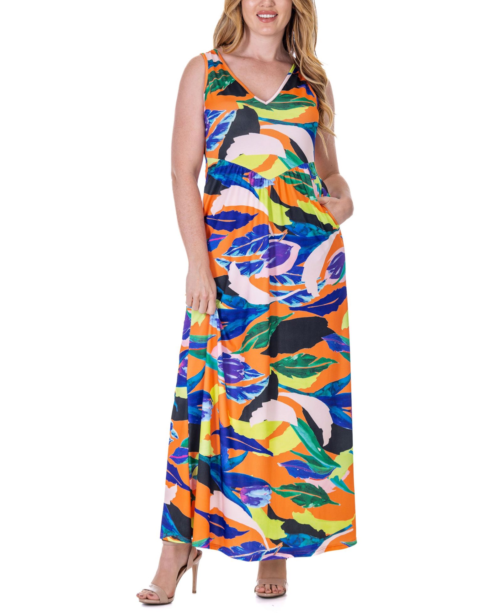 24seven Comfort Apparel Print Sleeveless V Neck Maxi Pocket Dress