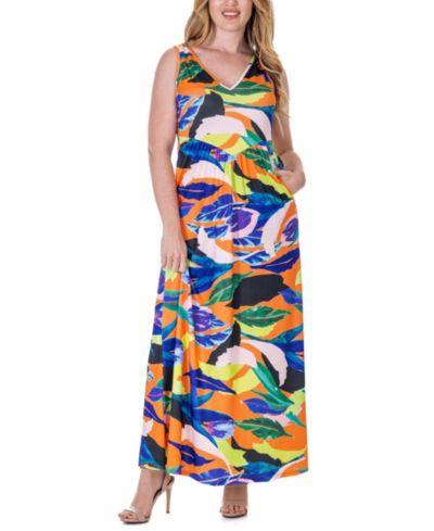 24seven Comfort Apparel Print Sleeveless V Neck Maxi Pocket Dress