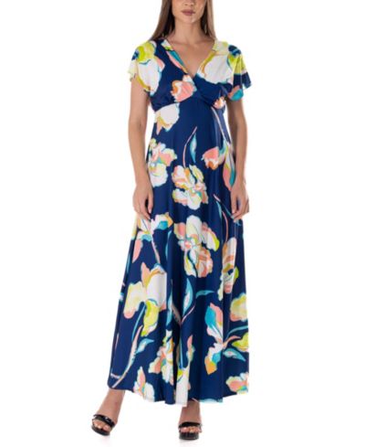 24seven Comfort Apparel Print V Neck Empire Waist Kimono Cap Sleeve Maxi Dress