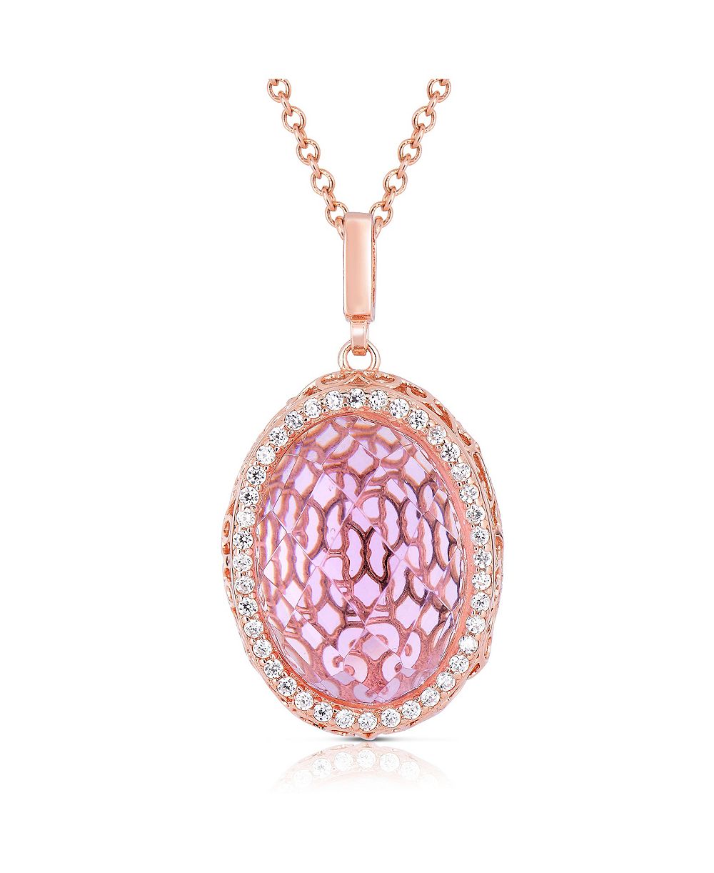 Sterling Silver 18K Rose Plated Cubic Zirconia Oval Pink Pendant