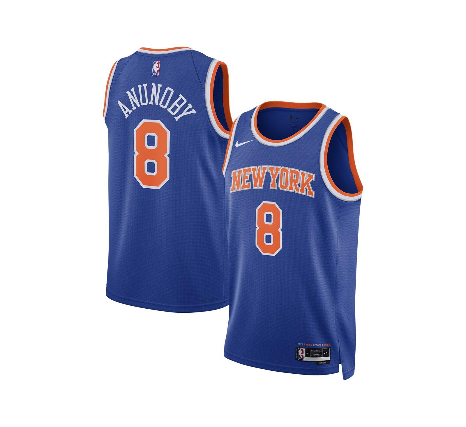 Мужская и женская игровая джерси Nike OG Anunoby New York Knicks Icon Edition синего цвета