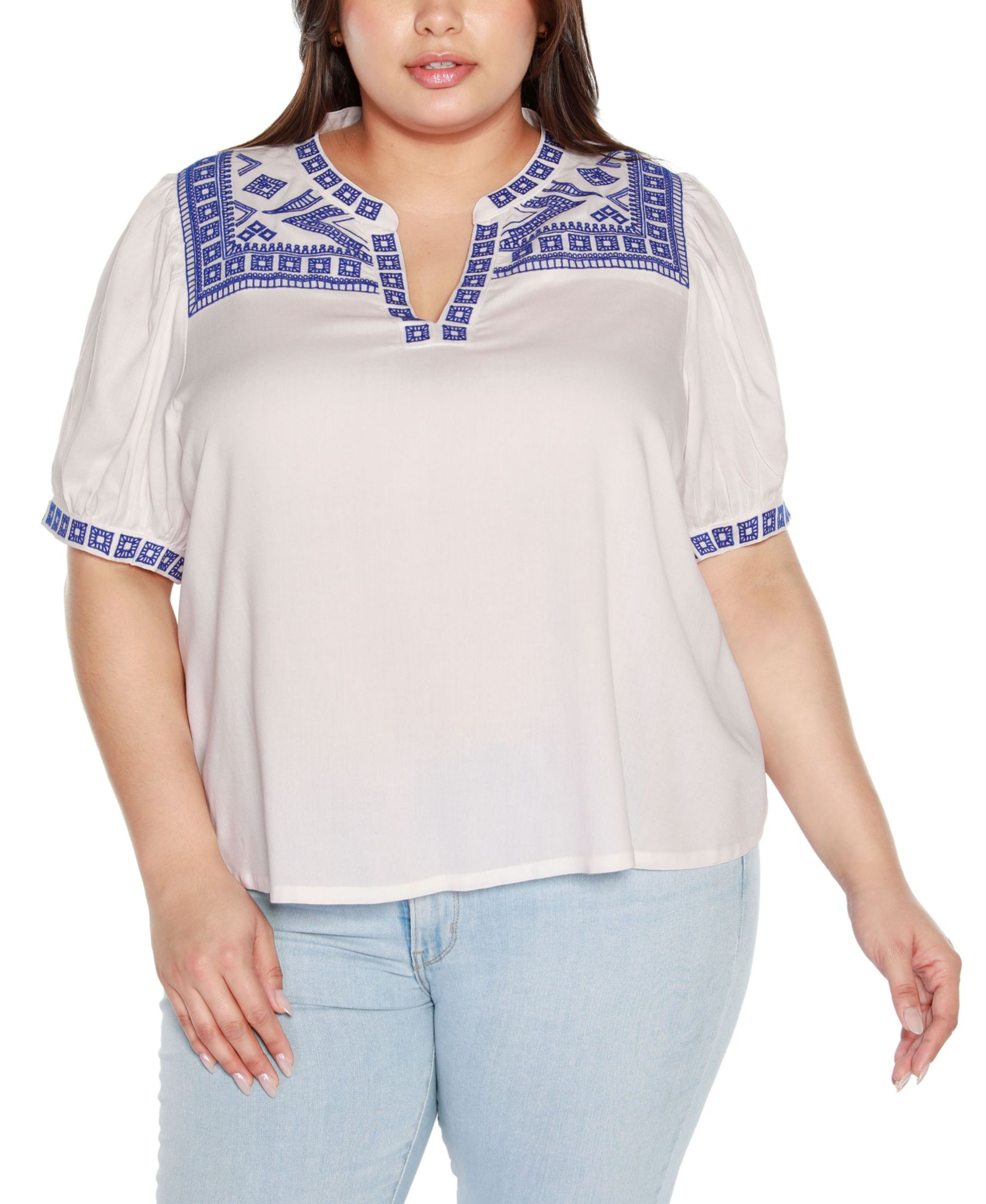 Belldini Black Label Plus Size Embroidered Boho Short Sleeve Top