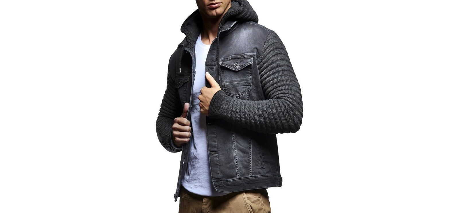 Leif Nelson Мужской LN5240 Casual Denim Jacket с Knitted Sleeves