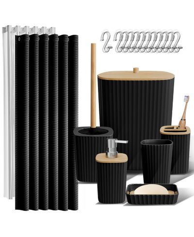 Clara Clark Bathroom Accessories Set, 20Piece Shower Curtain Set with Toilet Brush, Trash Can & Soap Dispenser