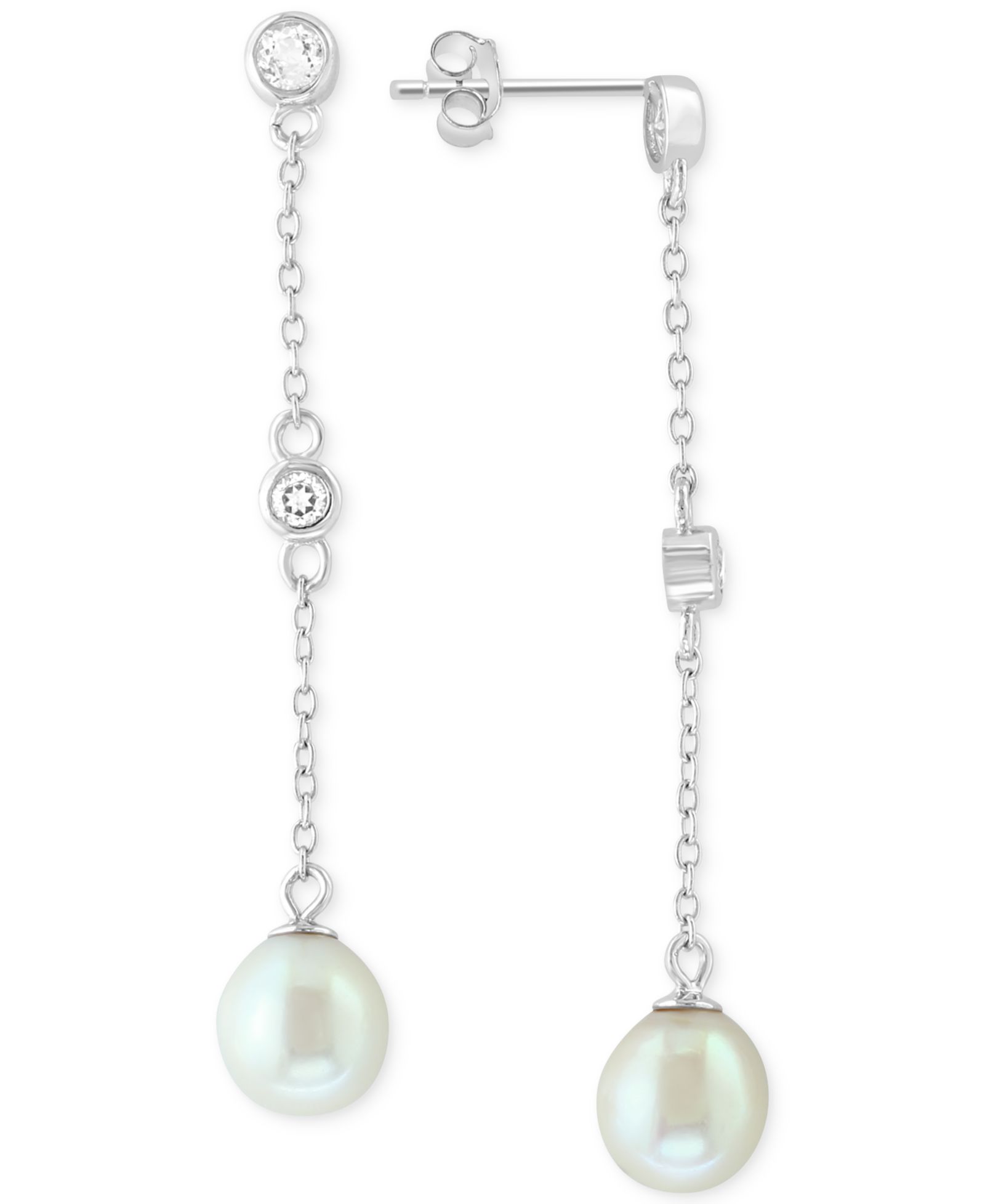 Серьги EFFY® Freshwater Pearl (7mm) & White Topaz (1/5 ct. t.w.) линейные из стерлингового серебра