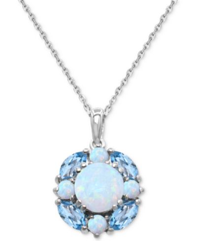 Lab Grown Opal (1-1/5 ct. t.w.) & Swiss Blue Topaz (1-1/5 ct. t.w.) Cluster 18" Pendant Necklace in Sterling Silver (Also in Multi-Gemstone)