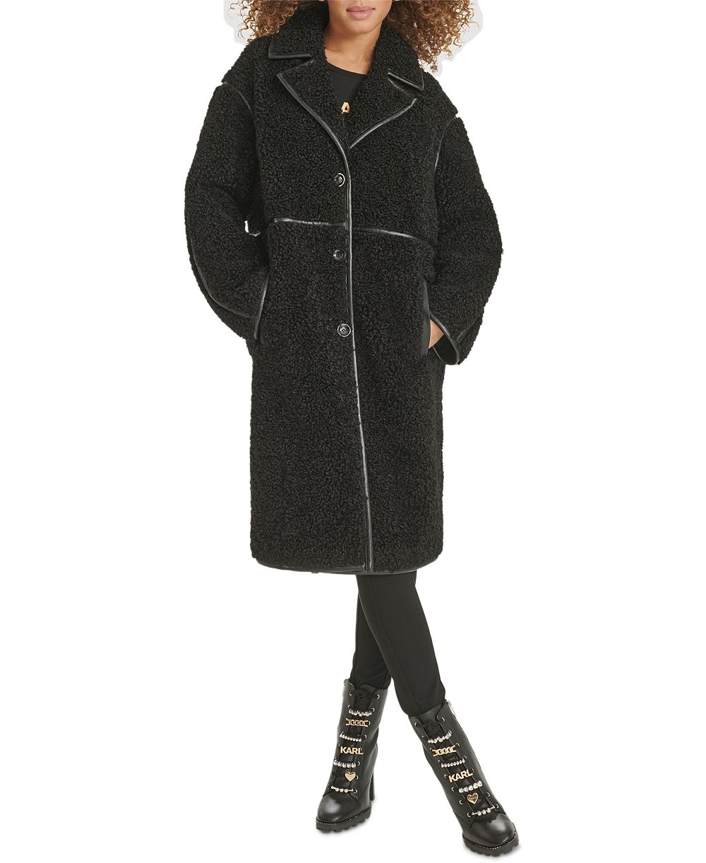 KARL LAGERFELD PARIS Women's Faux-Leather-Trim Teddy Coat