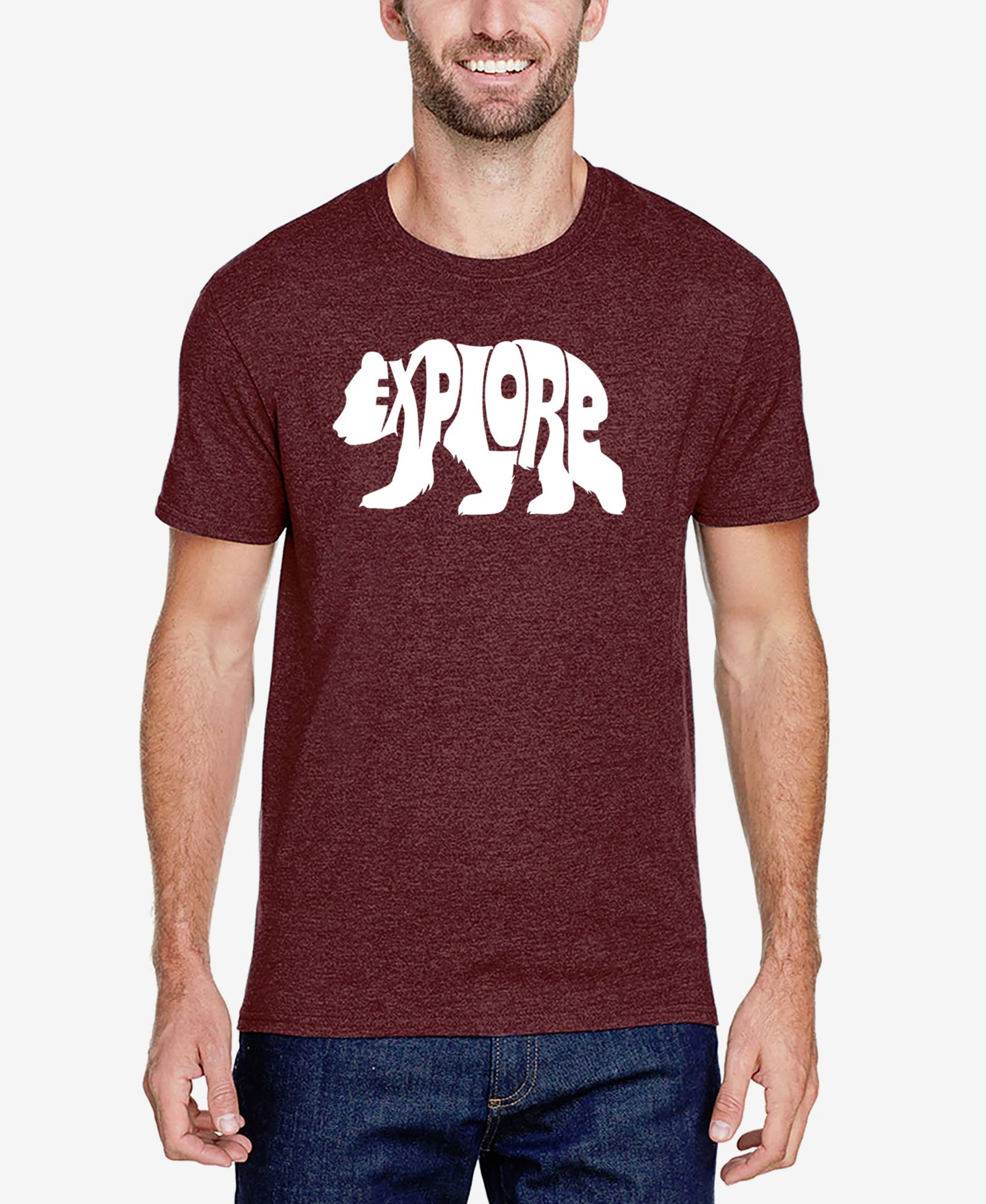 LA Pop Art Men's Cotton/Poly Blend Word Art T-Shirt - Explore Bear