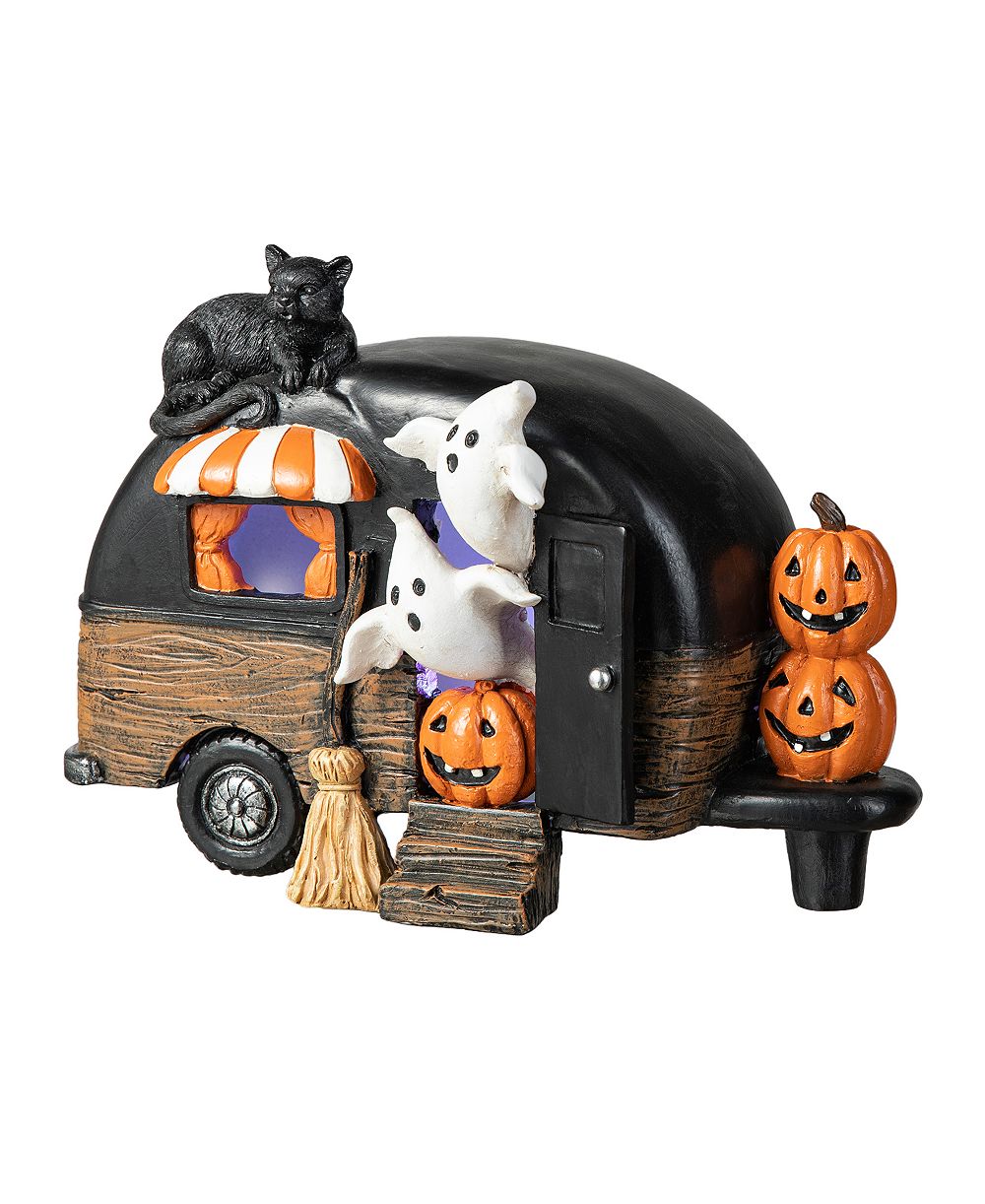 Декор для стола Glitzhome Halloween Polyresin Lighted Camper с привидением, тыквой и черным котом