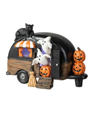 Glitzhome 9.25''L Halloween Polyresin Lighted Camper W/Ghost Pumpkin Black Cat Table Decor