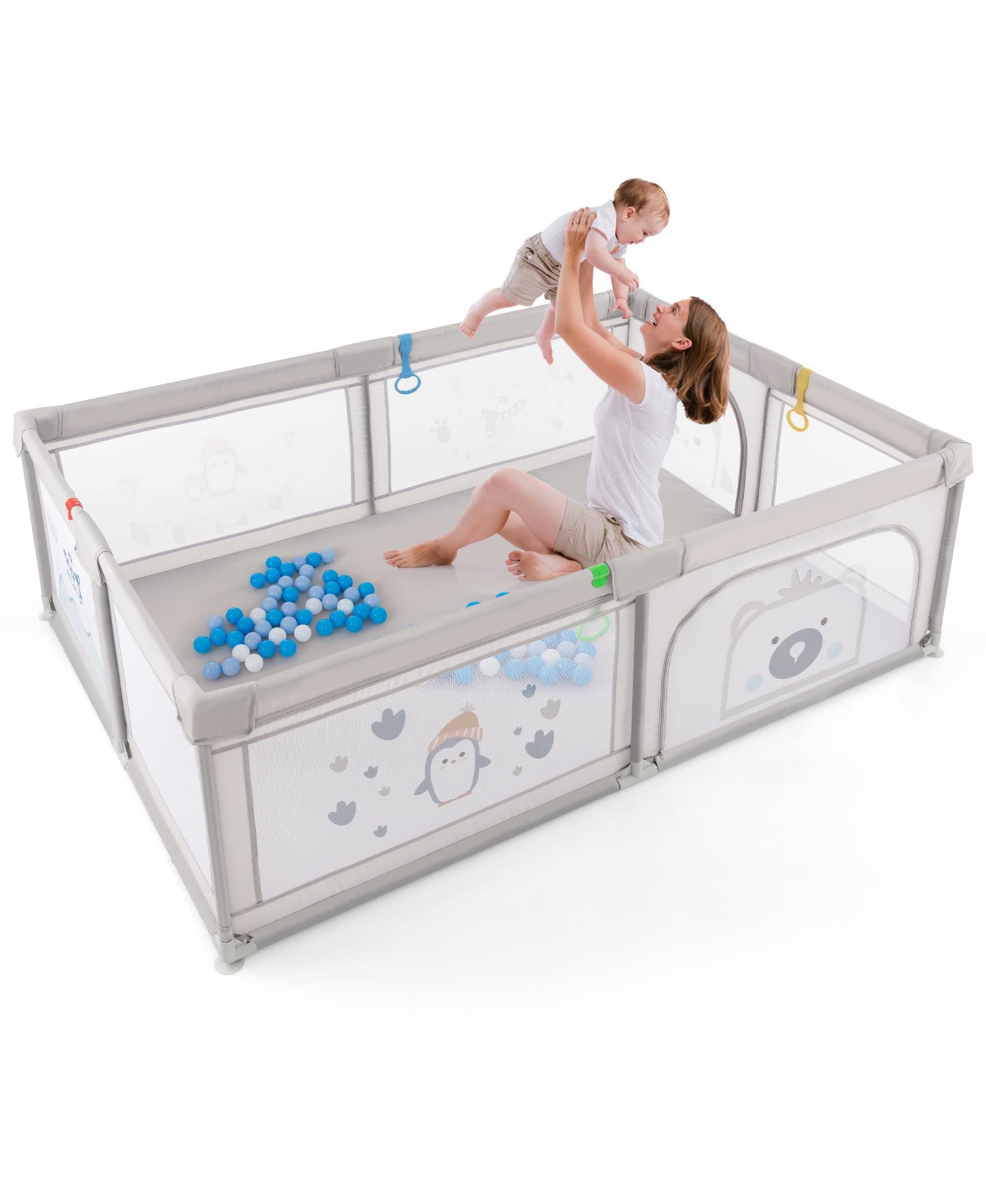 Slickblue Toddler Large Playpen with Pull Rings Ocean Balls and Cute Pattern-Penguin