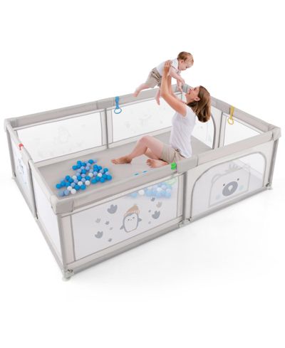 Slickblue Toddler Large Playpen with Pull Rings Ocean Balls and Cute Pattern-Penguin