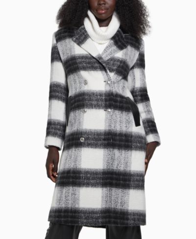 GUESS Women's Double-Breasted Mid-Length Plaid Coat