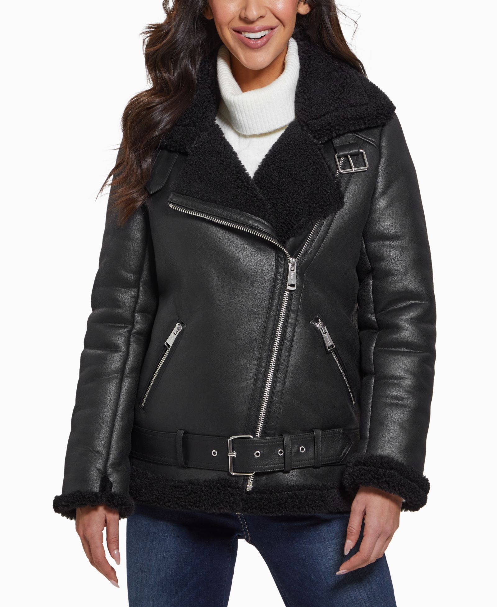 Женское пальто GUESS Women's Faux-Shearling Asymmetric Moto Coat