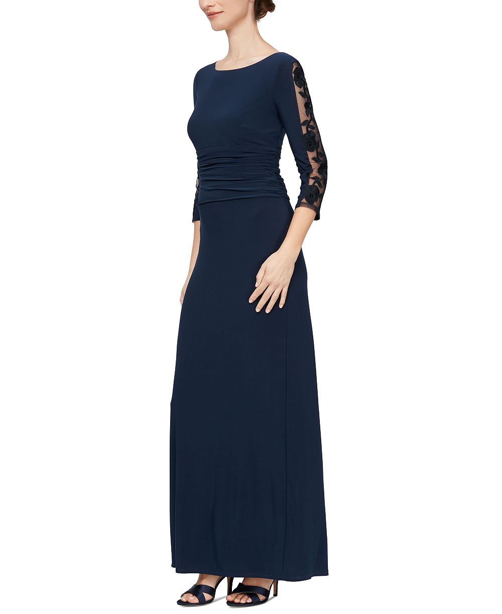 SL Fashions Petite Embroidered Ruched Gown