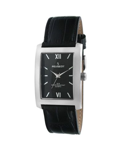 Peugeot Men's 30X40mm Silver Tank Shape Watch with Black Dial and Black Leather Strap