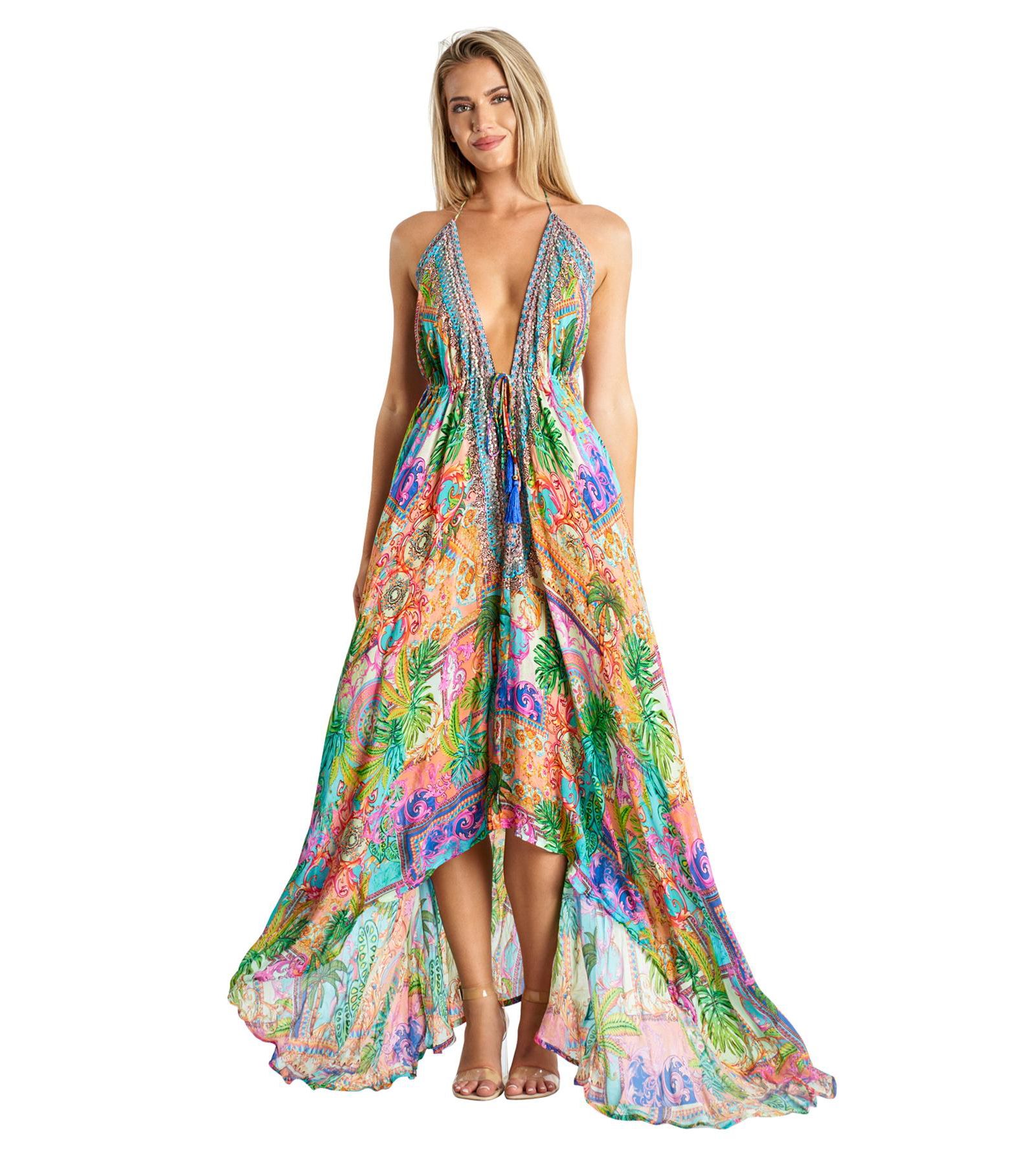 La Moda Clothing Женское Maxi Tropical Print Halter neck Dress