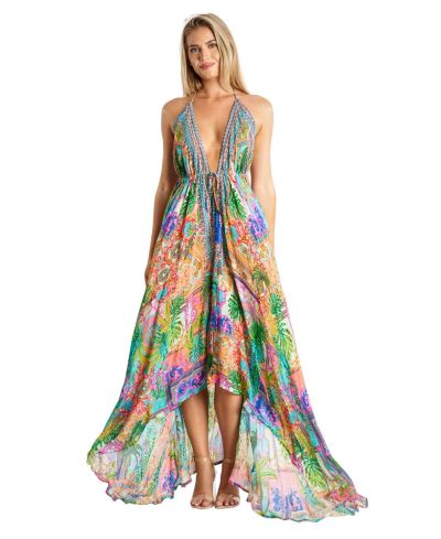 La Moda Clothing Women's Maxi Tropical Print Halter neck Dress