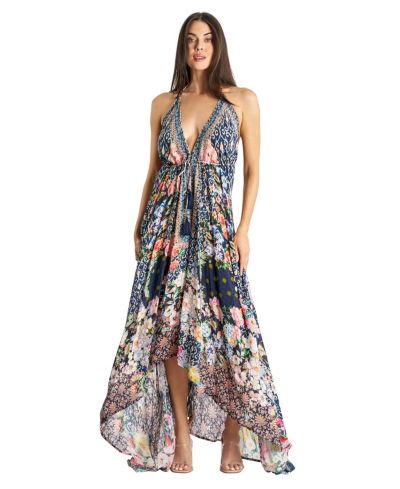 La Moda Clothing Women's Maxi Tropical Print Halterneck Dress