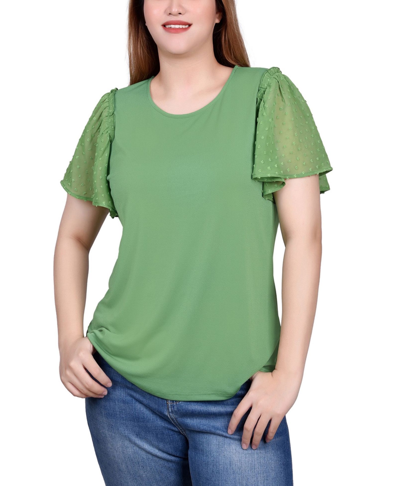 NY Collection Clip Dot Flutter Sleeve Top