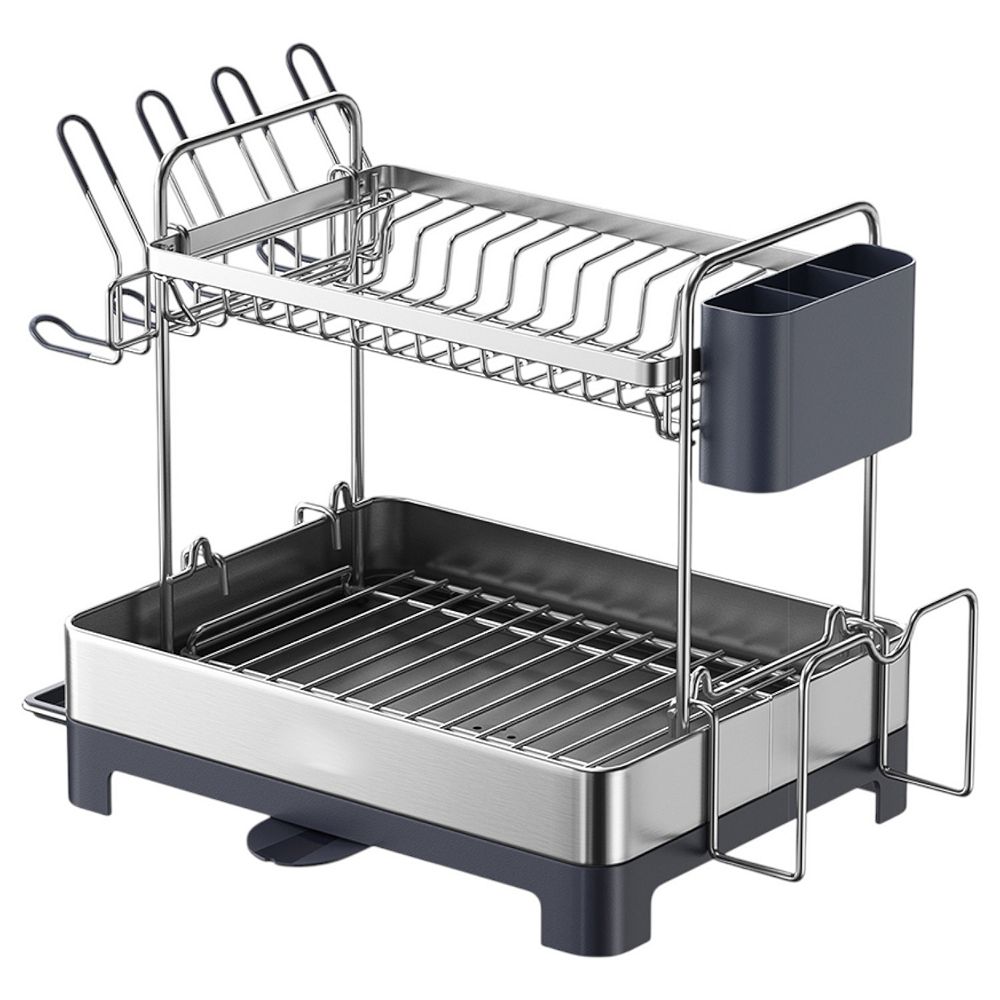 2 Tier Kitchen Dish Rack with Extendable Drain Spout and Rotatable Outlet