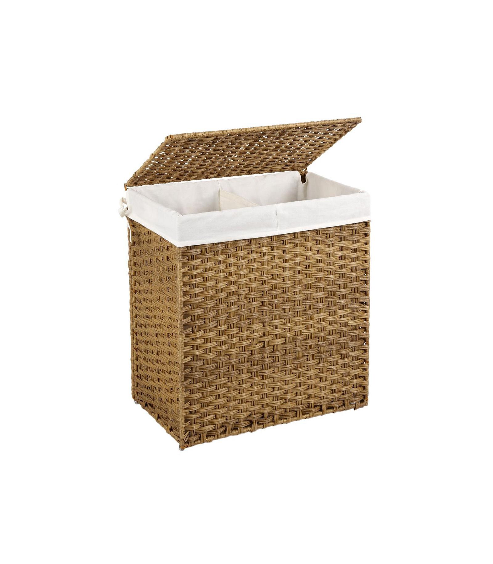 Slickblue Synthetic Rattan Laundry Hamper with Lid, 2 Sections Removable Liner Bag