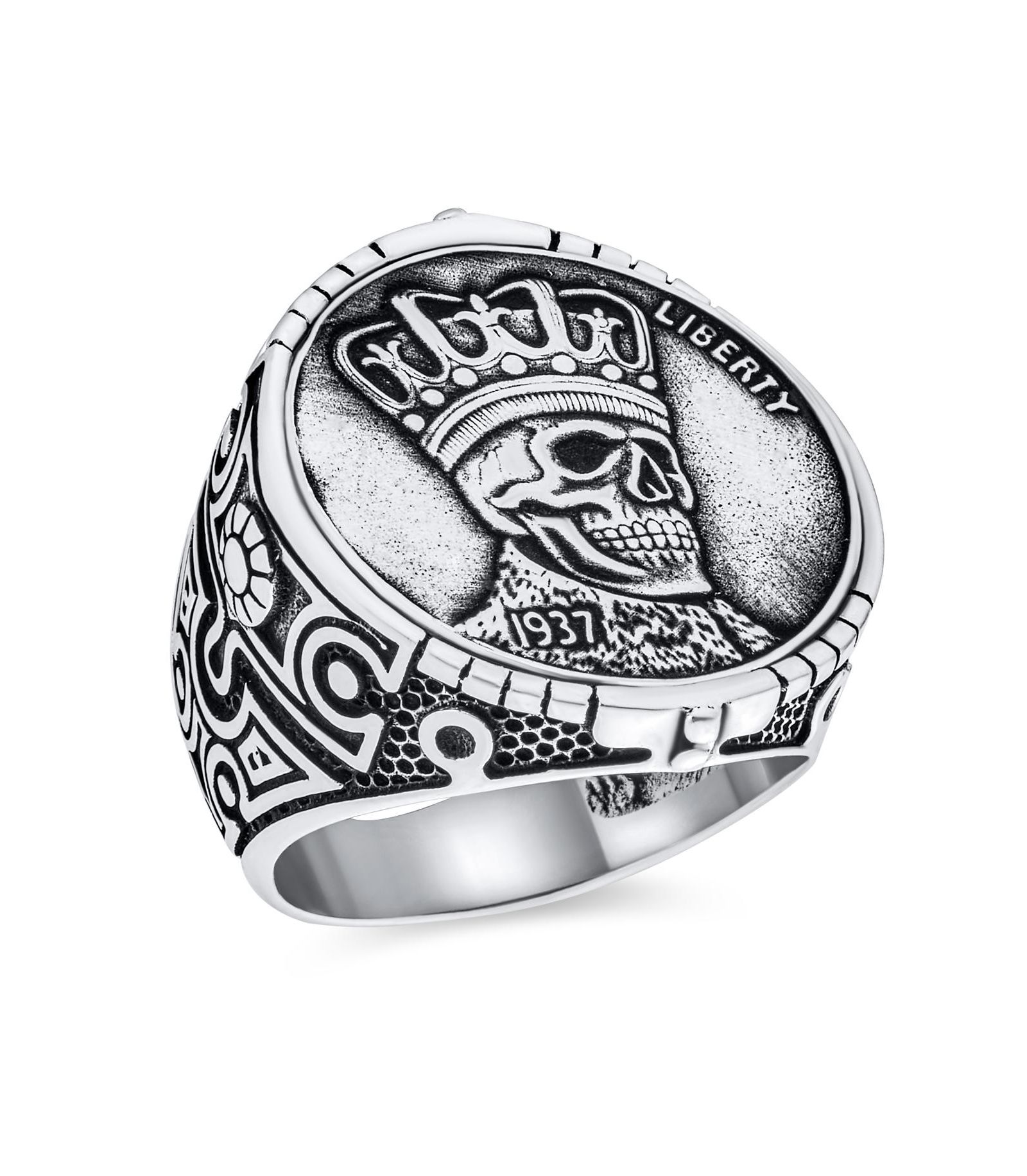 Bling Jewelry кольцо-печатка Goth Biker Crown Skull Coin, Sterling Silver
