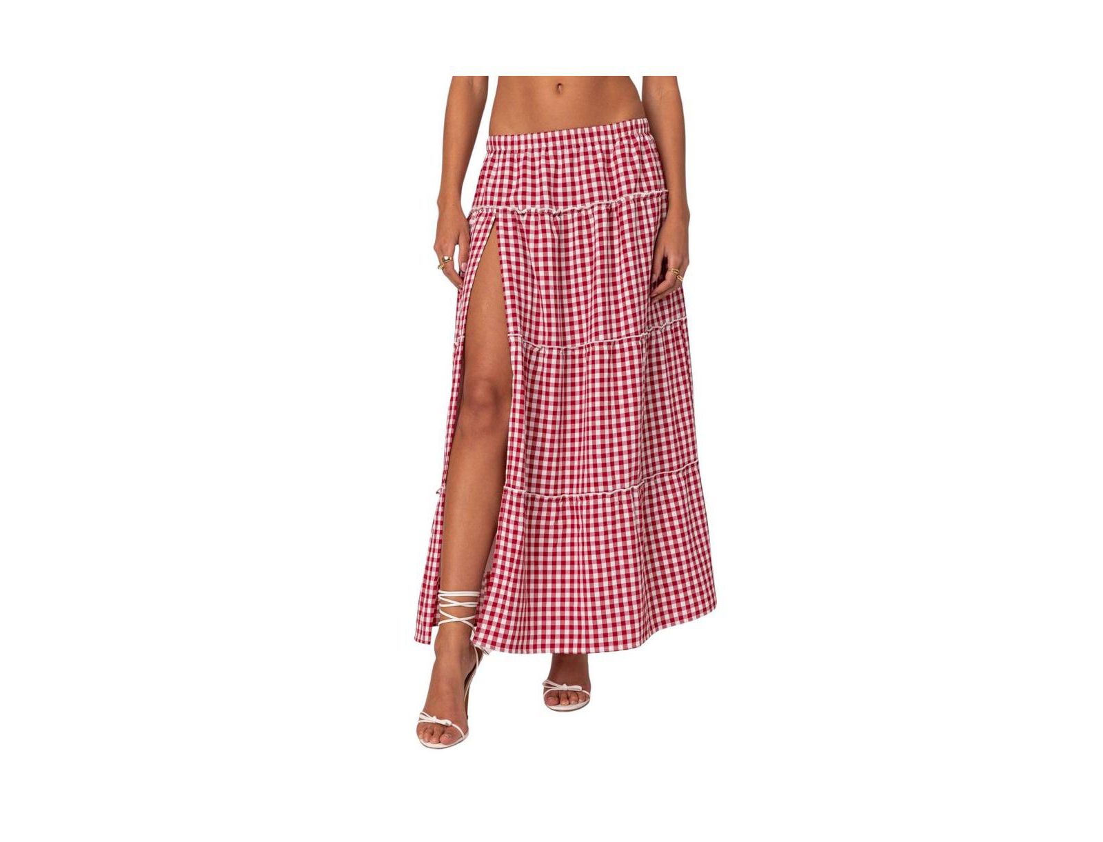 Edikted Women's Gingham Side Slit Tiered Maxi Skirt