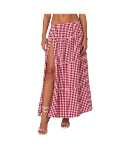 Edikted Women's Gingham Side Slit Tiered Maxi Skirt
