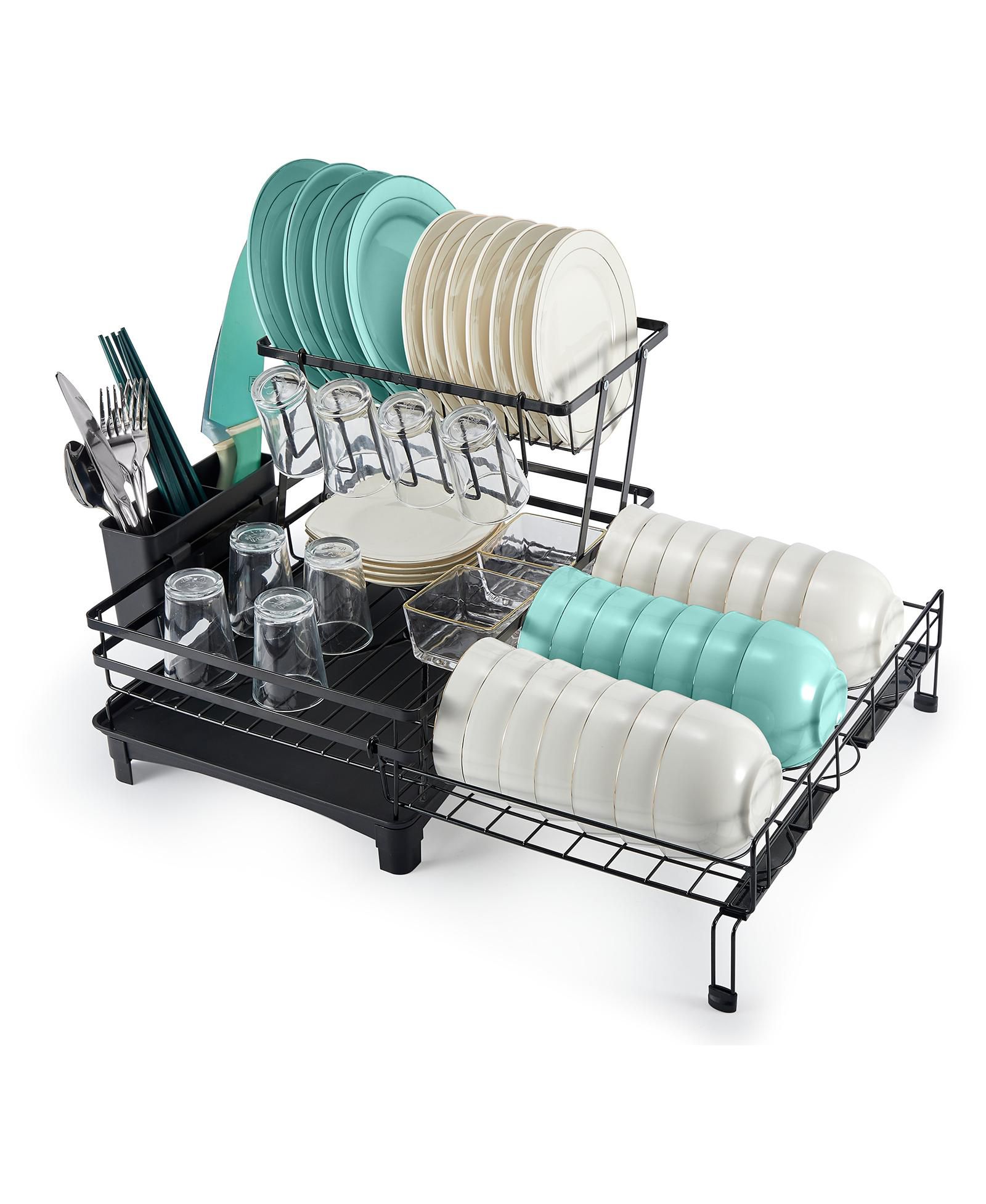 2-Tier Collapsible Expandable Dish Rack with Swivel Drain Spout and Rust-Resistant Stainless Steel Frame