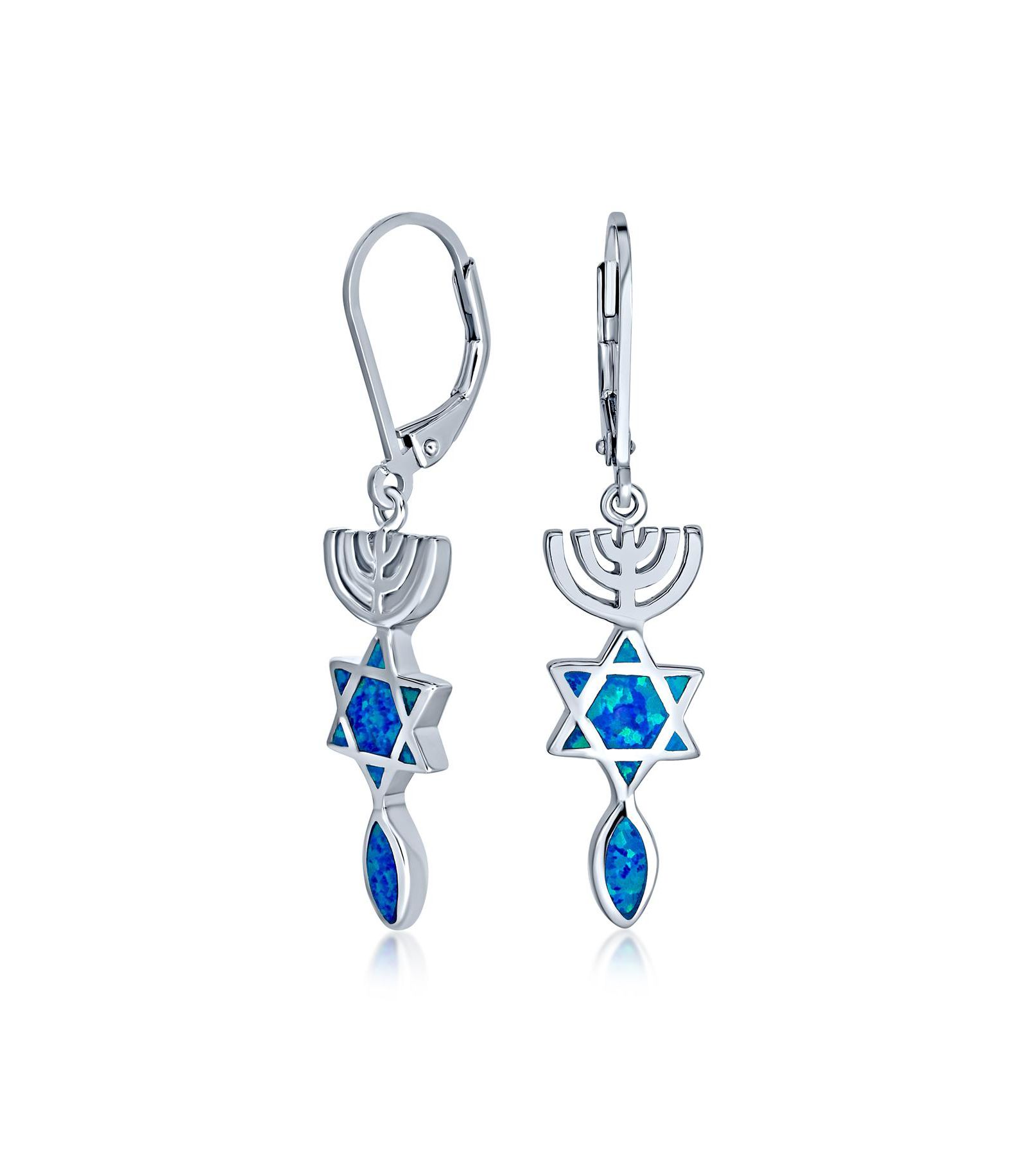 Серьги Bling Jewelry Blue Opal Judaica Menorah Star Of David Dangle Sterling Silver