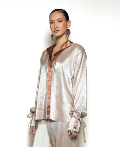Terese Sydonna Women's Long Tie Sleeve Rose Gold Shimmer Pleated Tuxedo Top